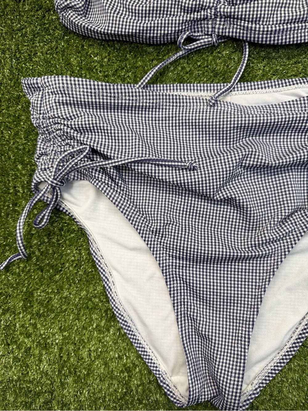 Kona Sol High Waisted Bikini Set Swimsuit Blue White Gingham Plaid Tie Detail M - Picture 2 of 7